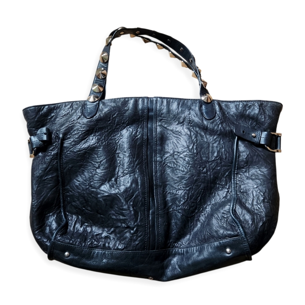 Be & D Tote Bag Black Wrinkly Ruffle Leather Silver Studs On Straps Distressed